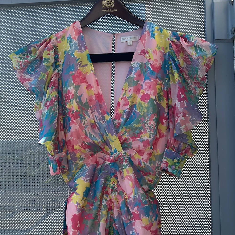 Ronny Kobo Ariana Ruched Draped Colorful Puff Sleeve Dress